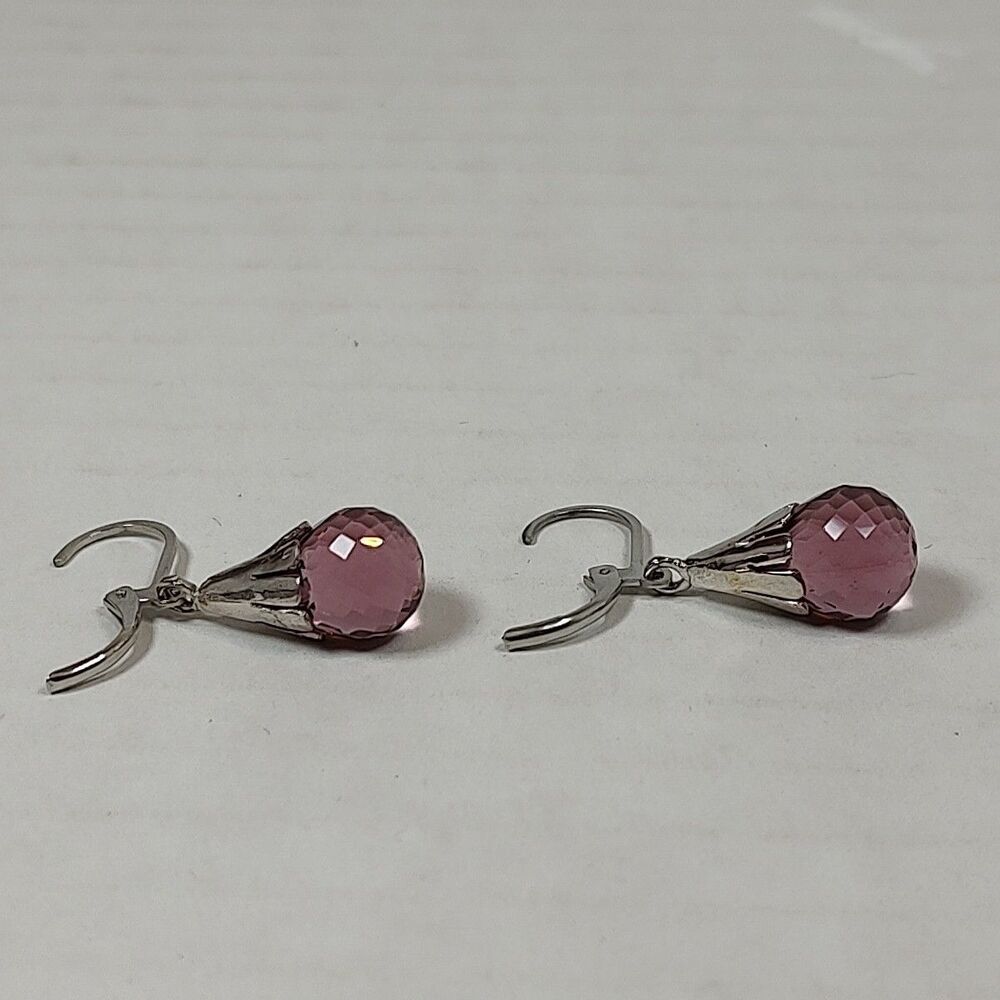 Silver Tone Metal Purple Pink Glass Faceted Stone Teardrop Drop Fashion Earrings - Picture 13 of 14